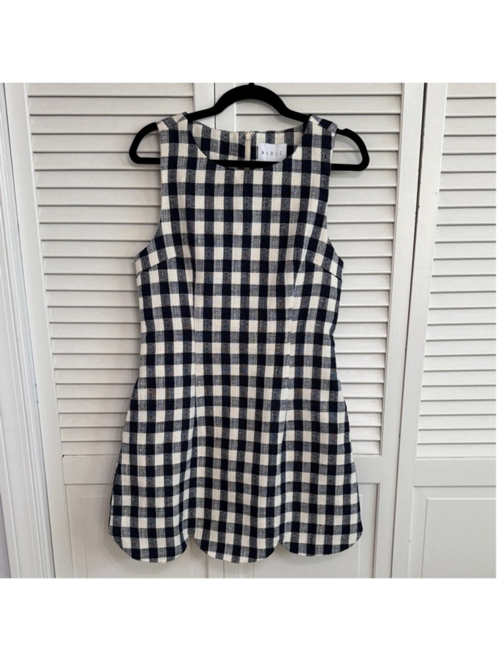 Sleeveless Navy and Cream Gingham Mini Dress with Scalloped Hem - Picture 5 of 8